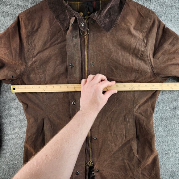 Barbour Newmarket Waxed Jacket Brown Snap Zip Tartan Lined Size 12 UK Women - Picture 7 of 16